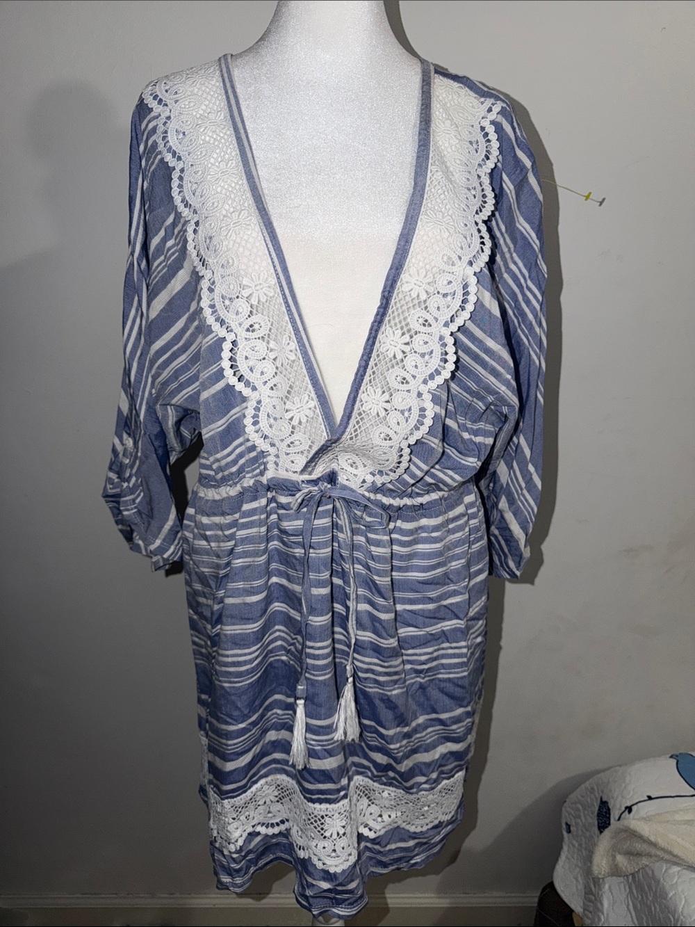 “Blue and White Striped Lace Trim Swim Cover-Up”
